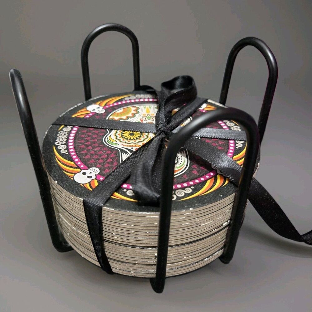 13 Pc Sugar Skull Mandala Cardboard Coasters Set Holder - Dia De Los Muertos
